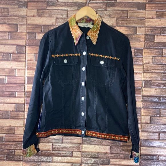 Y2K Taylor G Dallas Texas Denim Stretch Small Womens Jacket w/ Colorful designs - Picture 1 of 8